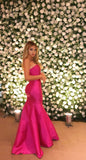 Fancy Mermaid Strapless Hot Pink Satin Long Prom Dresses Ruffles Evening Dress HZ1024
