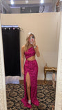 Fancy Mermaid One Shoulder Hot Pink Sequin Long Prom Dresses Slit Evening Dress HZ1024