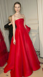 Fancy Ball Gown Strapless Red Satin Long Prom Dresses Ruffles Evening Dress HZ1024