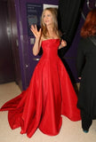 Fancy Ball Gown Strapless Red Satin Long Prom Dresses Evening Dress HZ1024