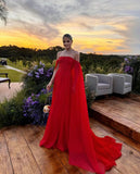 Classy A line Off The Shoulder Red Chiffon Long Prom Dresses Evening Dress With Cape HZ1024