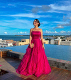 Classy Ball Gown Strapless Tulle Long Prom Dresses Evening Dress With Ruffles HZ1024