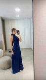 Classy A line High Neckline Streachable Satin Navy Blue Long Prom Dresses Evening Dress HZ1024