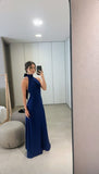 Classy A line High Neckline Streachable Satin Navy Blue Long Prom Dresses Evening Dress HZ1024