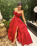 Classy A line Strapless Red Satin Slit Long Prom Dresses Evening Dress HZ1024