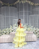 Cute Ball Gown Spaghetti Straps Yellow Tulle Layers Prom Dresses Evening Dress HZ1024