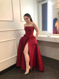 Vintage A line Strapless Sleeveless Burgundy Slit Long Prom Dresses Evening Dress HZ1024