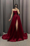 Pretty A Line Strapless Burgundy Satin Long Prom Dress With Slit HZ1024