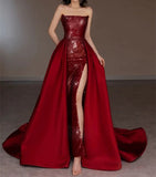 Pretty Strapless Red A Line Long Prom Dresses With Slit HZ1024