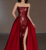 Pretty Strapless Red A Line Long Prom Dresses With Slit HZ1024