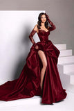 Pretty Sweetheart Slit Prom Dress With Long Lace Gloves Burgundy Prom Dresses HZ1024