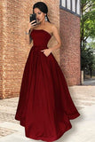 Simple A line Strapless Burgundy Prom Dress With Pockets HZ1024