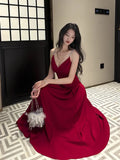 Pretty A line Straps Red Long Satin Prom Dresses Formal Evening Dress HZ1024