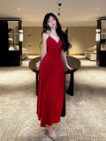 Pretty A line Straps Red Long Satin Prom Dresses Formal Evening Dress HZ1024