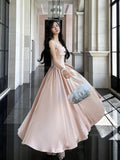 Pretty A line Spaghetti Straps Pink Satin Prom Dresses Formal Evening Dress HZ1024