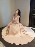 Pretty A line Spaghetti Straps Pink Satin Prom Dresses Formal Evening Dress HZ1024