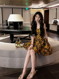 16th Birthday Ball Gown Straps Yellow Floral Homecoming Dresses Satin Short Mini Party Dress HZ1024