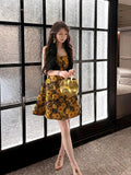 16th Birthday Ball Gown Straps Yellow Floral Homecoming Dresses Satin Short Mini Party Dress HZ1024