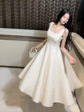 Pretty A line Square Neckline White Satin Prom Dresses Formal Evening Dress HZ1024