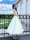 Pretty A line Square Neckline White Satin Prom Dresses Formal Evening Dress HZ1024
