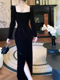 Pretty Sheath Square Neckline Black Velvet Long Sleeves Prom Dresses Formal Evening Dress HZ1024