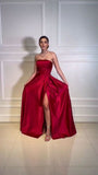 Pretty A Line Strapless Burgundy Slit Prom Dresses Formal Evening Dress HZ1024