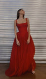 Fancy Square Neck A Line Red Tulle Prom Dress Long Formal Evening Dress HZ1024