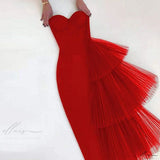 Fancy Sheath Sweetheart Tulle Red Long Prom Dresses HZ1024