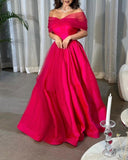 Fancy Off the Shoulder Hot Pink A-Line Evening Prom Dress HZ1024