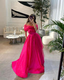 Fancy Off the Shoulder Hot Pink A-Line Evening Prom Dress HZ1024