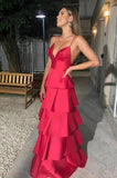 Fancy A Line Spaghetti Straps Sleeveless Satin Ruffles Long Prom Dresses HZ1024