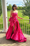 Fancy Hot Pink Strapless Satin Long Prom Dress Tiered Evening Formal Gown With Bowknot HZ1024
