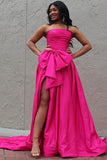 Fancy Hot Pink Strapless Satin Long Prom Dress Tiered Evening Formal Gown With Bowknot HZ1024
