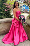 Fancy Hot Pink Strapless Satin Long Prom Dress Tiered Evening Formal Gown With Bowknot HZ1024