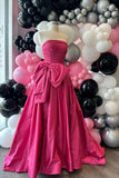 Fancy Hot Pink Strapless Satin Long Prom Dress Tiered Evening Formal Gown With Bowknot HZ1024