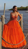 Pretty A line Spaghetti Straps Orange Lace Layers Prom Dresses Formal Evening Dress HZ1024