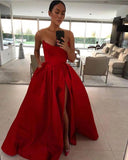 Fancy Strapless A-line Red Satin Prom Dress High Slit Women Evening Gowns HZ1024