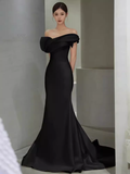 Simple Mermaid Strapless Black Long Prom Dresses HZ1024