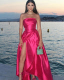 Pretty A line Strapless Hot Pink Slit Satin Prom Dresses Formal Evening Dress HZ1024