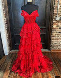 Pretty A line Off The Shoulder Red Lace Ruffles Layers Long Slit Prom Dresses Formal Evening Dress HZ1024