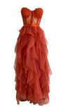 Pretty A line Sweetheart Rust Red Lace Ruffles Layers Tulle Prom Dresses Formal Evening Dress HZ1024