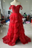 Pretty A line Off The Shoulder Red Lace Ruffles Layers Long Slit Prom Dresses Formal Evening Dress HZ1024