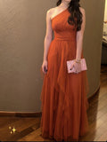 Pretty A line One Shoulder Tulle Rust Orange Long Prom Dresses Formal Evening Dress HZ1024
