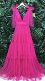 Pretty A line V Neckline Tulle Pink Long Layers Prom Dresses Formal Evening Dress HZ1024