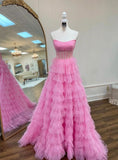 Fancy Pink Tulle Strapless Tiers Sequins Prom Dress Evening Gowns HZ1024
