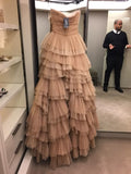 Gorgeous Ball Gown Strapless Tulle Champagne Layers Long Prom Dresses Formal Evening Dress HZ1024