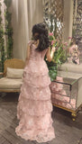 Gorgeous A line Off The Shoulder Layers Light Pink Lace Slit Prom Dresses Formal Evening Dress HZ1024