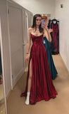Elegant A Line Spaghetti Straps Burgundy Long Slit Prom Dresses Formal Dress HZ1024