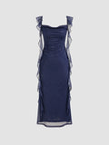 Elegant Sheath Square Neckline Navy Blue Chiffon Ruffles Prom Dresses Formal Dress HZ1024