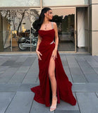 Elegant Sheath Straps Burgundy Satin Silver Beads Slit Long Prom Dresses Formal Dress HZ1024